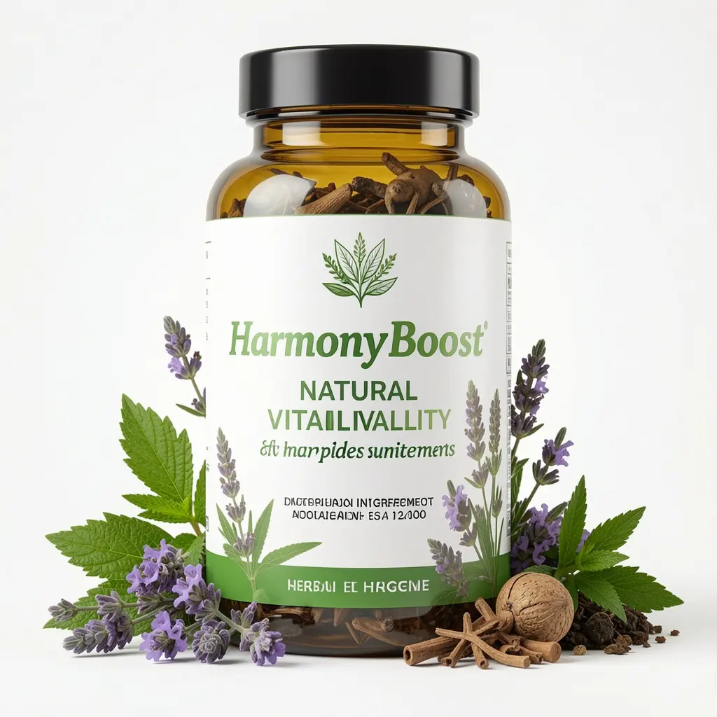 HarmonyBoost natural vitality supplement bottle with herbal ingredients